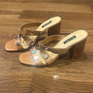 Nine West Tan Leather Studded Block Heel sandals with silver studs 7.5